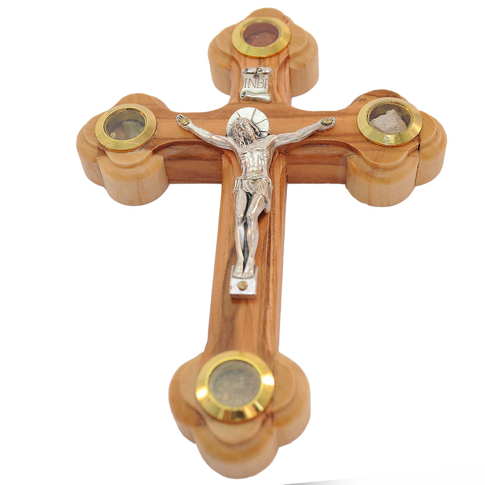 Wall Cross with Crucifix and Vessels with Holy Soil from Jerusalem 13 cm/5.2 inc - Holy Land Store