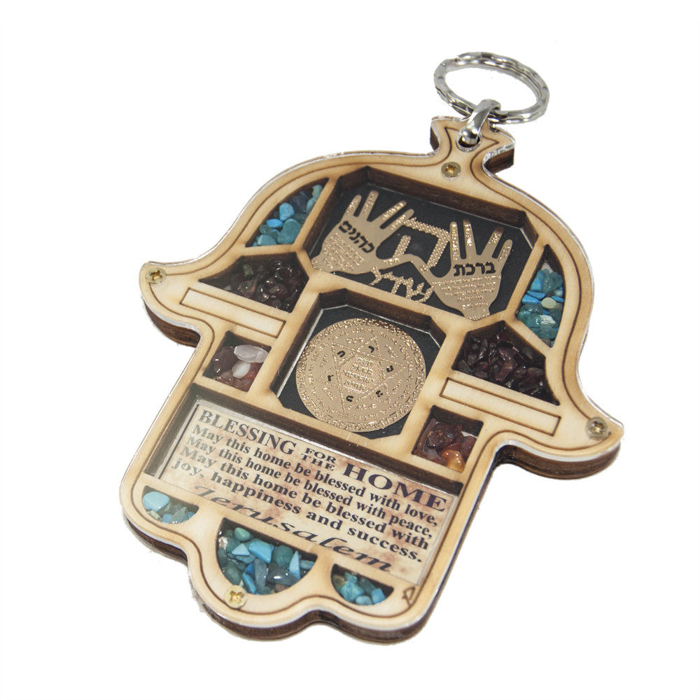 Wooden Home Blessing Hamsa Hand made with Semi-Precious Stones Amulet