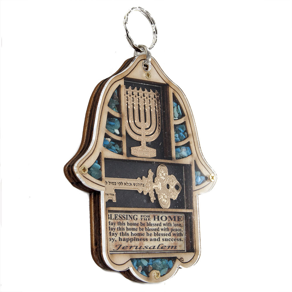 Wooden Home Blessing Hamsa Hand made with Semi-Precious Stones Amulet 4.4"