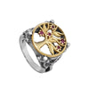 Image of Kabbalah Ring "Tree of Life" Inlaid with Garnet Stones Sterling Silver & Gold 9K