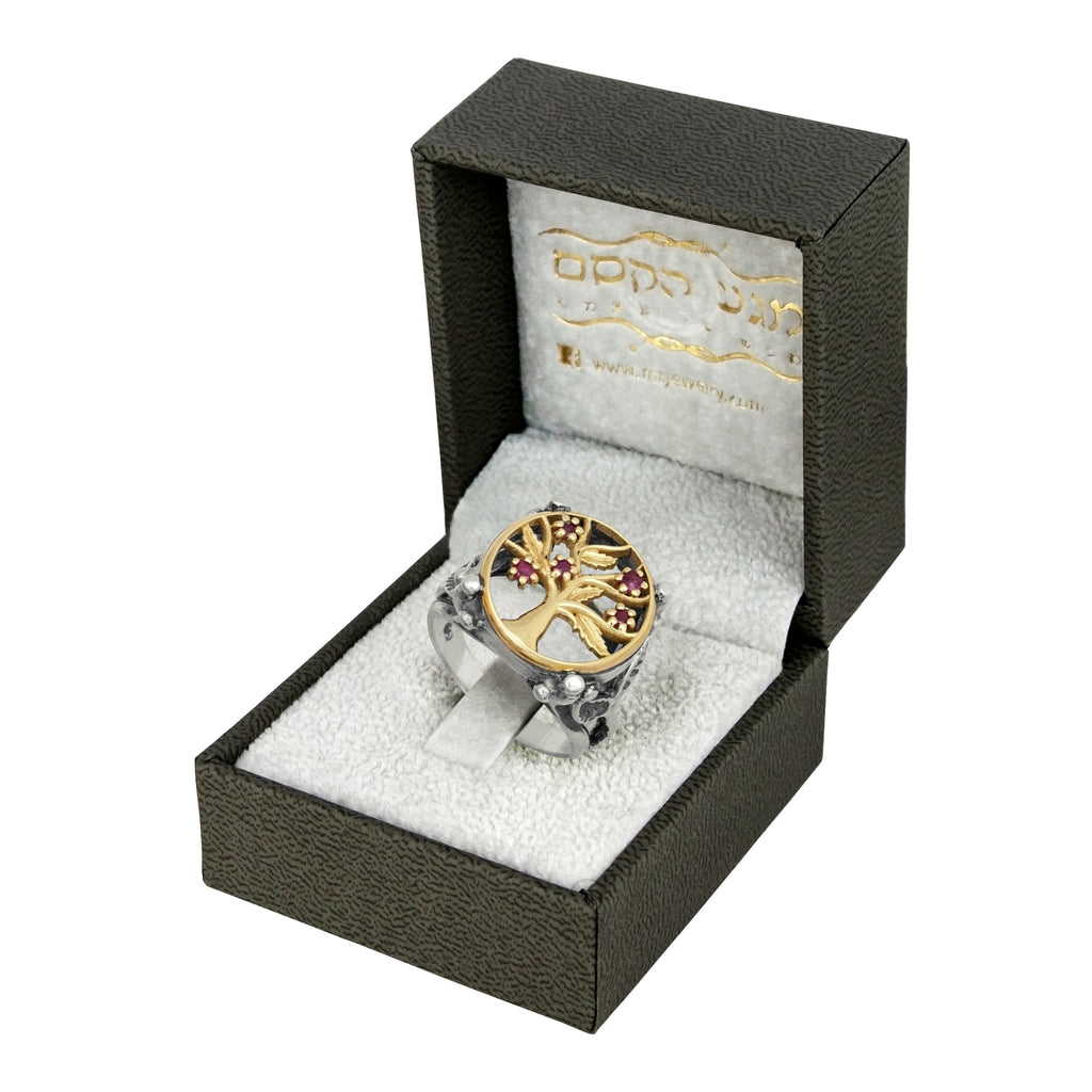 Kabbalah Ring "Tree of Life" Inlaid with Garnet Stones Sterling Silver & Gold 9K