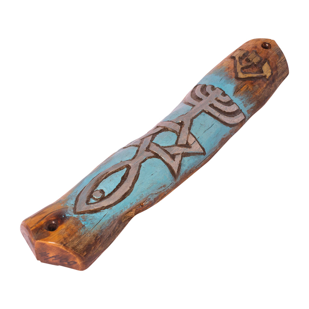 Carved Wooden Mezuzah Hand Made & Painted Messianic Seal Symbol Fish Classic 9"-3