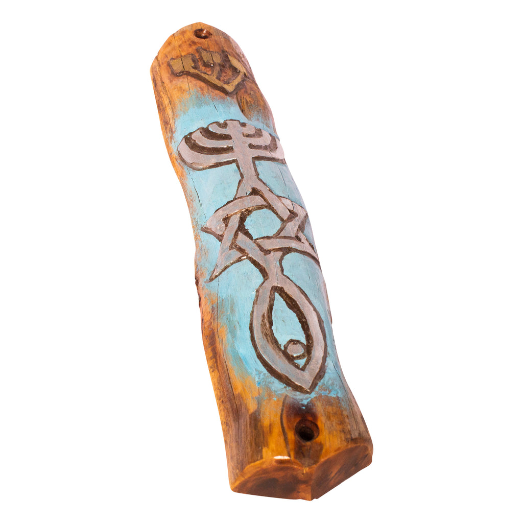 Carved Wooden Mezuzah Hand Made & Painted Messianic Seal Symbol Fish Classic 9"-1