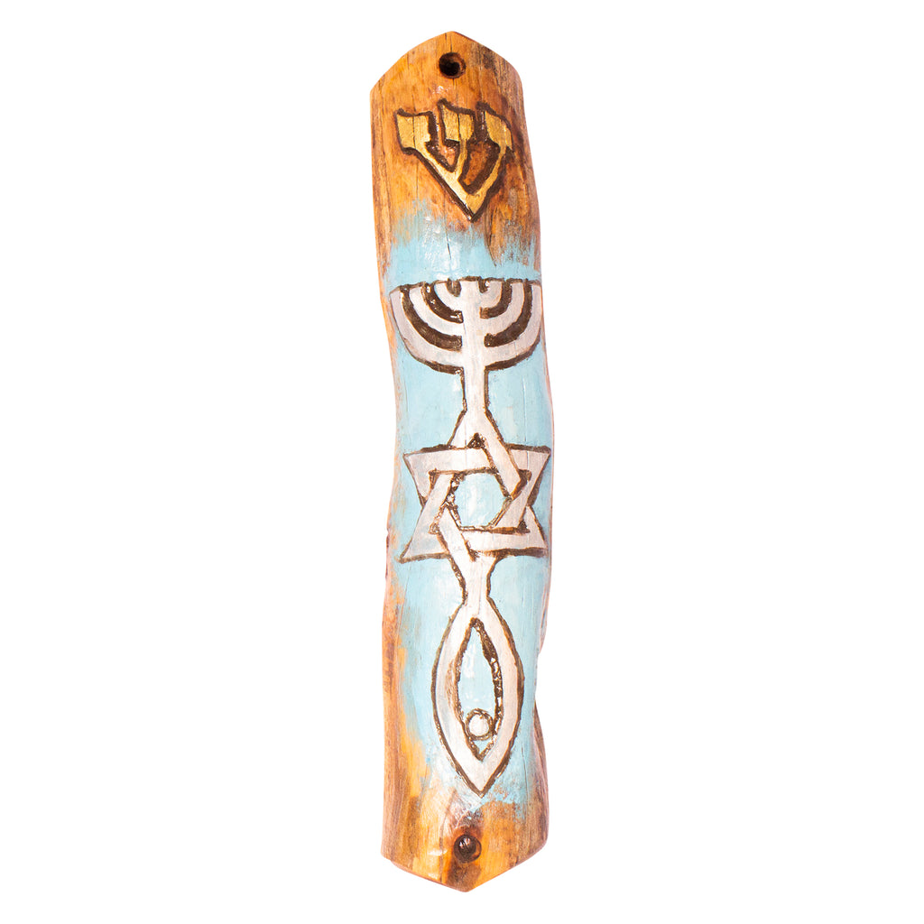 Carved Wooden Mezuzah Hand Made & Painted Messianic Seal Symbol Fish Classic 9"