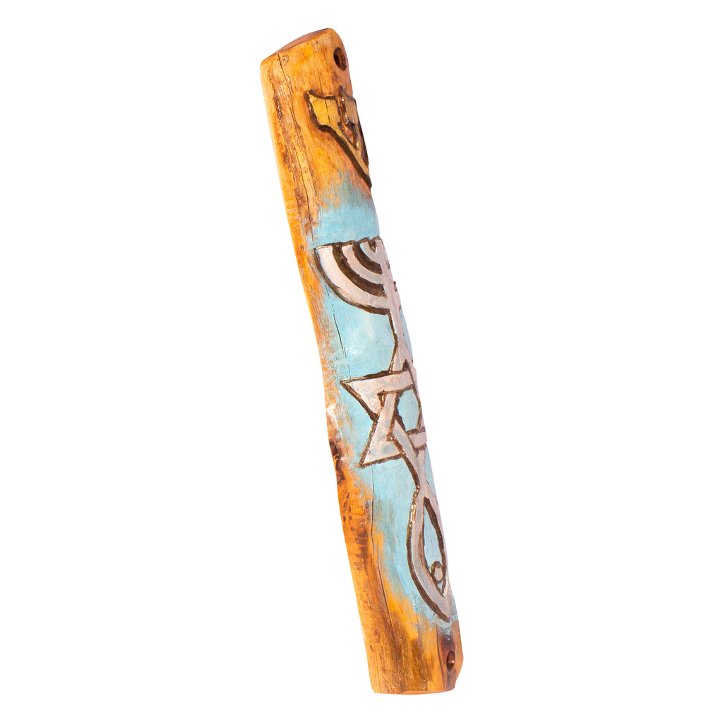 Carved Wooden Mezuzah Hand Made & Painted Messianic Seal Symbol Fish Classic 9"-6