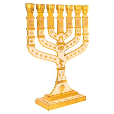 Jewish Menorah 7 Branches White-Gold Enamel Candle Holder Jerusalem Judaica 7"-1