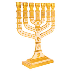 Jewish Menorah 7 Branches White-Gold Enamel Candle Holder Jerusalem Judaica 7