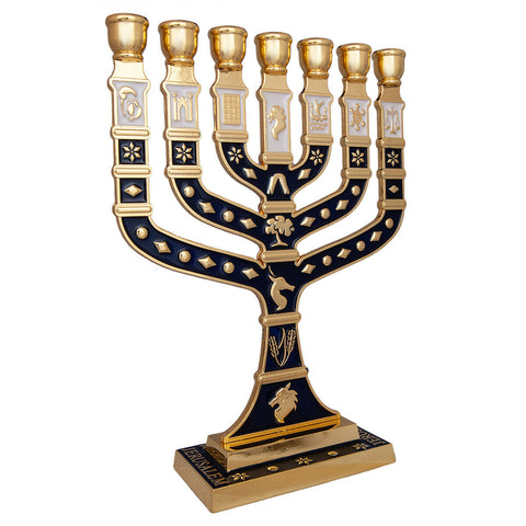 Jewish Menorah 7 Branches Blue-Gold Enamel Candle Holder Jerusalem Judaica 7"-1