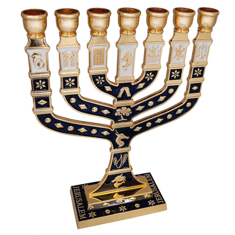 Jewish Menorah 7 Branches Blue-Gold Enamel Candle Holder Jerusalem Judaica 7"-2