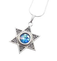Roman Glass Fragments 925 Sterling Silver Star of David Pendant Handmade Chain