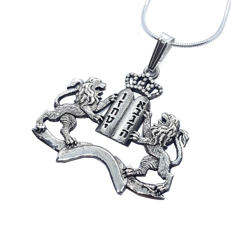 Handmade 925 Sterling Silver Lion of Judah 10 Commandments Pendant Amulet Chain