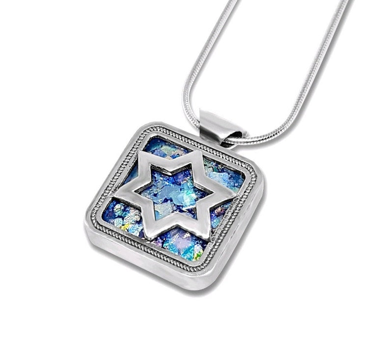Square Handmade 925 Roman Glass Sterling Silver Star of David Israel Pendant