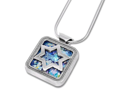 Square Handmade 925 Roman Glass Sterling Silver Star of David Israel Pendant