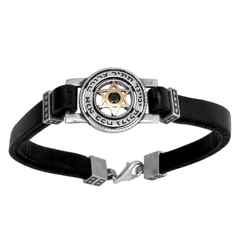 Men's Bracelet Kabbalah Ana Bekoach Sterling Silver Genuine Leather & Black Onyx