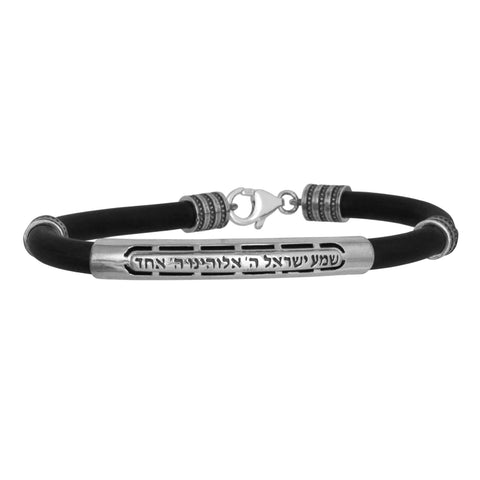 Bracelet w/ Prayer Shema Israel Sh'ma Yisrael Silver 925 & Rubber Men's Jewish
