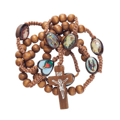Natural Wood Rosary Beads w/Cross Images of Saints From Jerusalem Holy Land 21"