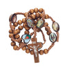 Image of Natural Wood Rosary Beads w/Cross Images of Saints From Jerusalem Holy Land 21"
