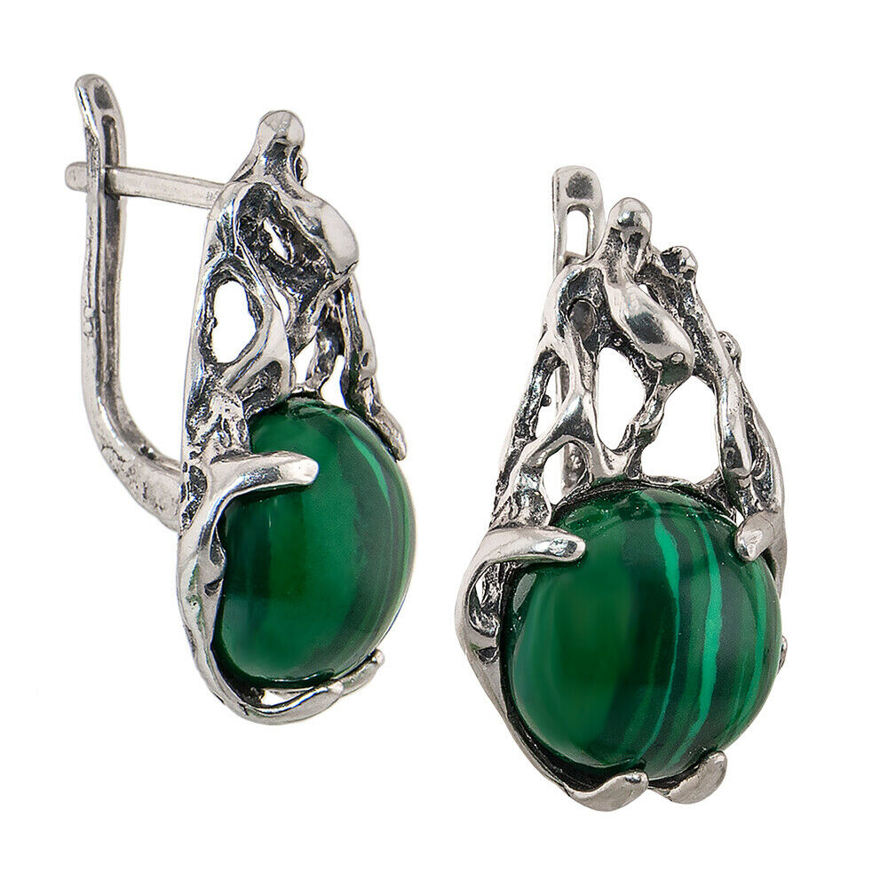 Unique Sterling Silver Earrings with Genuine Natural Malachite Gemstone Handmade Israel Jewelry
