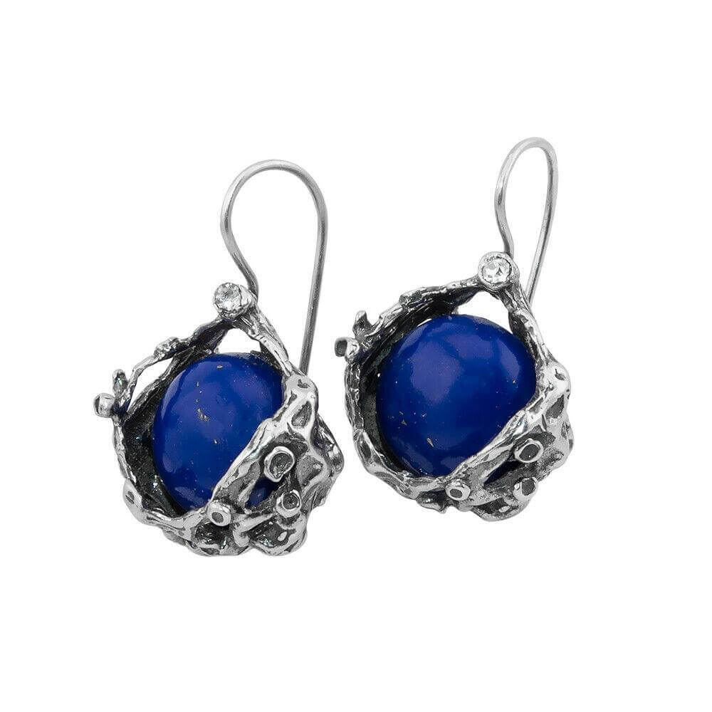 Earrings w/Lapis Lazuli Gemstone from Sterling Silver Israel Handmade