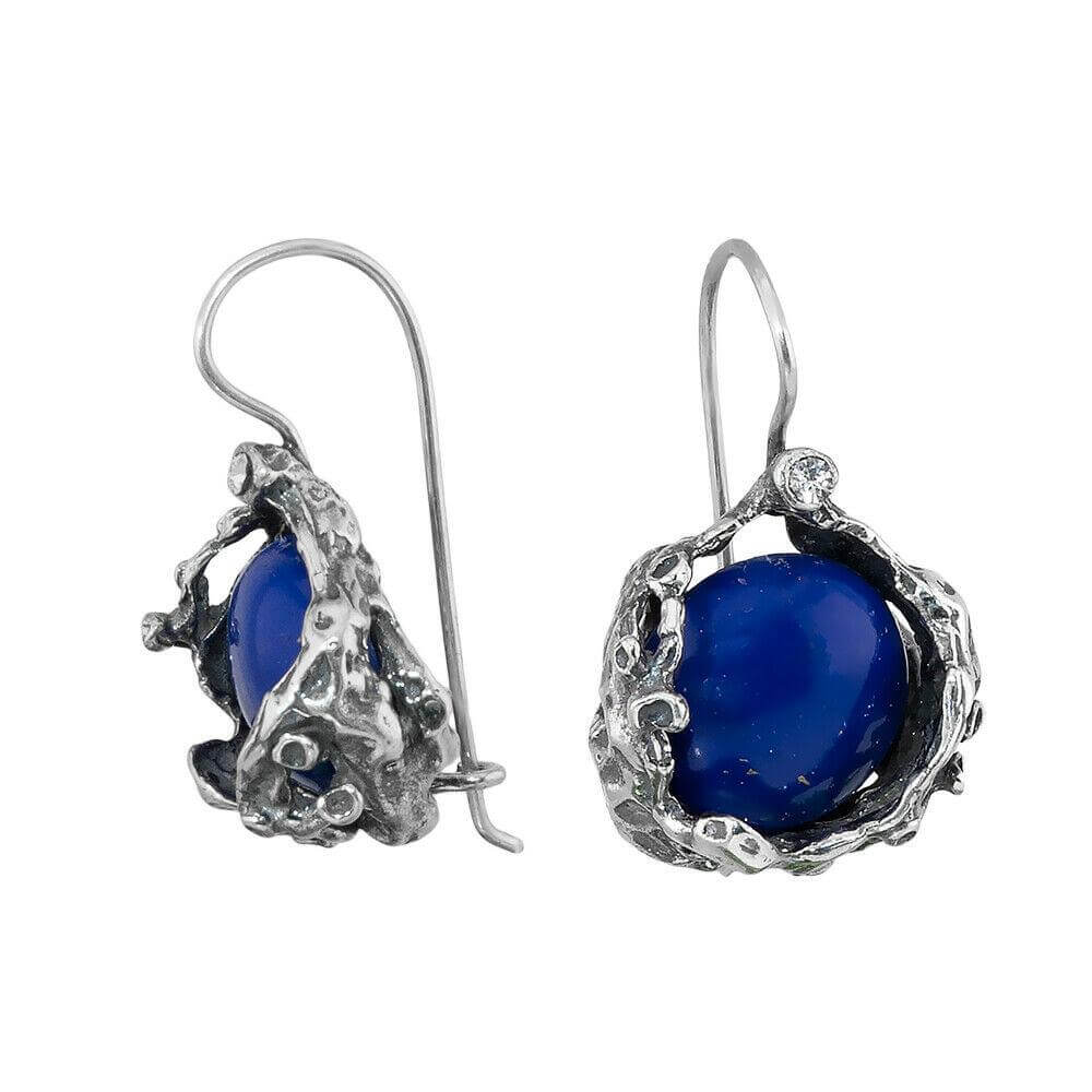 Earrings w/Lapis Lazuli Gemstone from Sterling Silver Israel Handmade