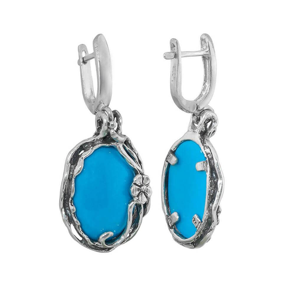 Earrings w/Genuine Blue Turquoise Gemstone Handmade Sterling Silver 925 Israel Jewelry