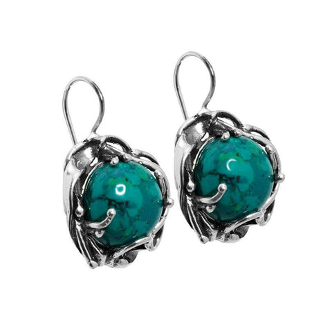 Handmade Earrings w/Natural Round Chrysocolla Stone from Sterling Silver