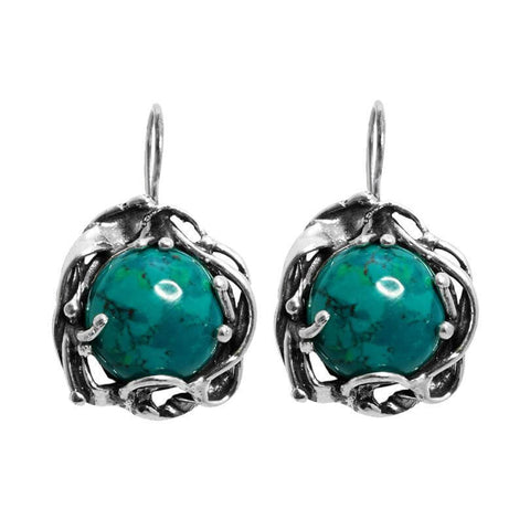 Handmade Earrings w/Natural Round Chrysocolla Stone from Sterling Silver