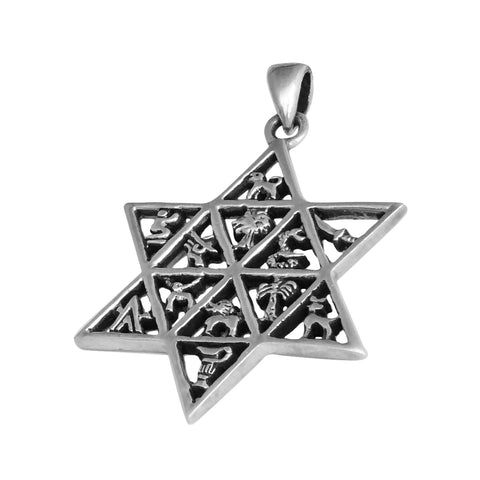 Pendant Star of David 12 tribes of Israel Sterling Silver Necklace HandMade 1.3"