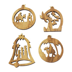 Bethlehem Handmade 4 Christmas Decorations w/Nativity Scene Set from Natural Olive Wood 2,5"