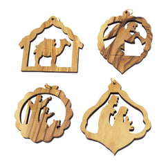 Handmade 4 Christmas Decorations w/Nativity Scene Set from Natural Olive Wood from Bethlehem 2,5"