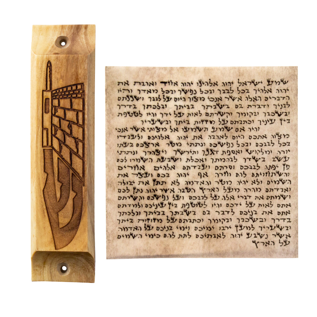 Mezuzah Case Natural Olive Wood Western Wall Ha-Kotel Non-Kosher Scroll Torah from Jerusalem Shema Israel 3,8"