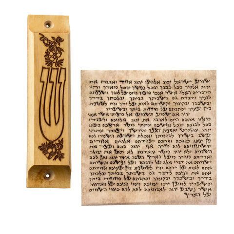 Natural Olive Wood Mezuzah Case w/Pomegranate & SHIN Non-Kosher Scroll Shema Israel 3,8"