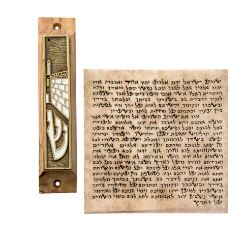 Mezuzah Case Olive Wood Enamel Gold Western Wall Ha-Kotel Non-Kosher Scroll Torah from Jerusalem Shema Israel 3,8"