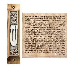 Olive Wood Enamel Mezuzah Case w/Pomegranate & SHIN Non-Kosher Scroll Shema Israel 3,8