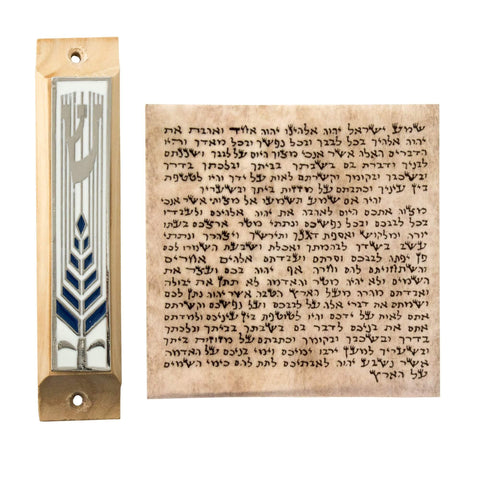 Enamel Mezuzah Case Olive Wood w/Olive Brunch Non-Kosher Scroll Shema Israel 3,8"
