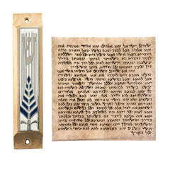 Enamel Mezuzah Case Olive Wood w/Olive Brunch Non-Kosher Scroll Shema Israel 3,8