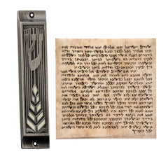 Metal Enamel Mezuzah Case w/Olive Brunch SHIN Non-Kosher Scroll Shema Israel 3,8