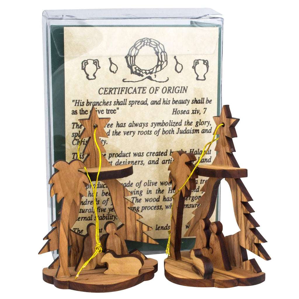 2 Christmas Tree Decoration Toys w/Nativity Scene from Natural Olive Wood from Bethlehem 3,6"