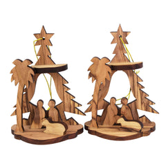 2 Christmas Tree Decoration Toys w/Nativity Scene from Natural Olive Wood from Bethlehem 3,6