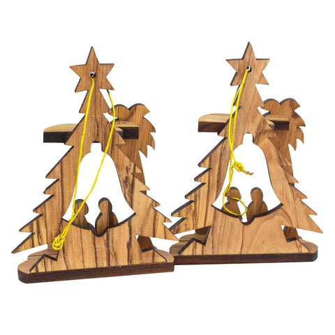 2 Christmas Tree Decoration Toys w/Nativity Scene from Natural Olive Wood from Bethlehem 3,6"
