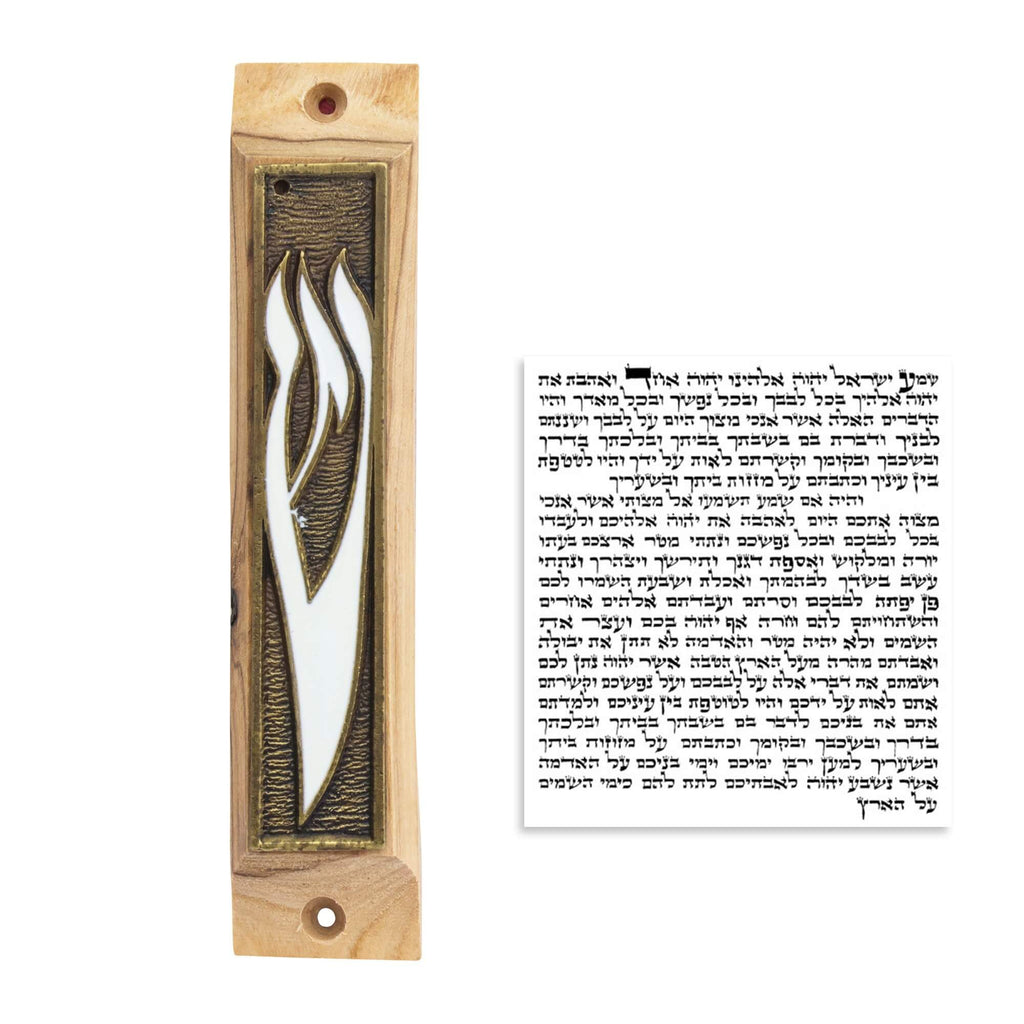 Bronze Enamel Mezuzah Case Olive Wood Non-Kosher Scroll Torah SHIN Shema Israel 3,8"