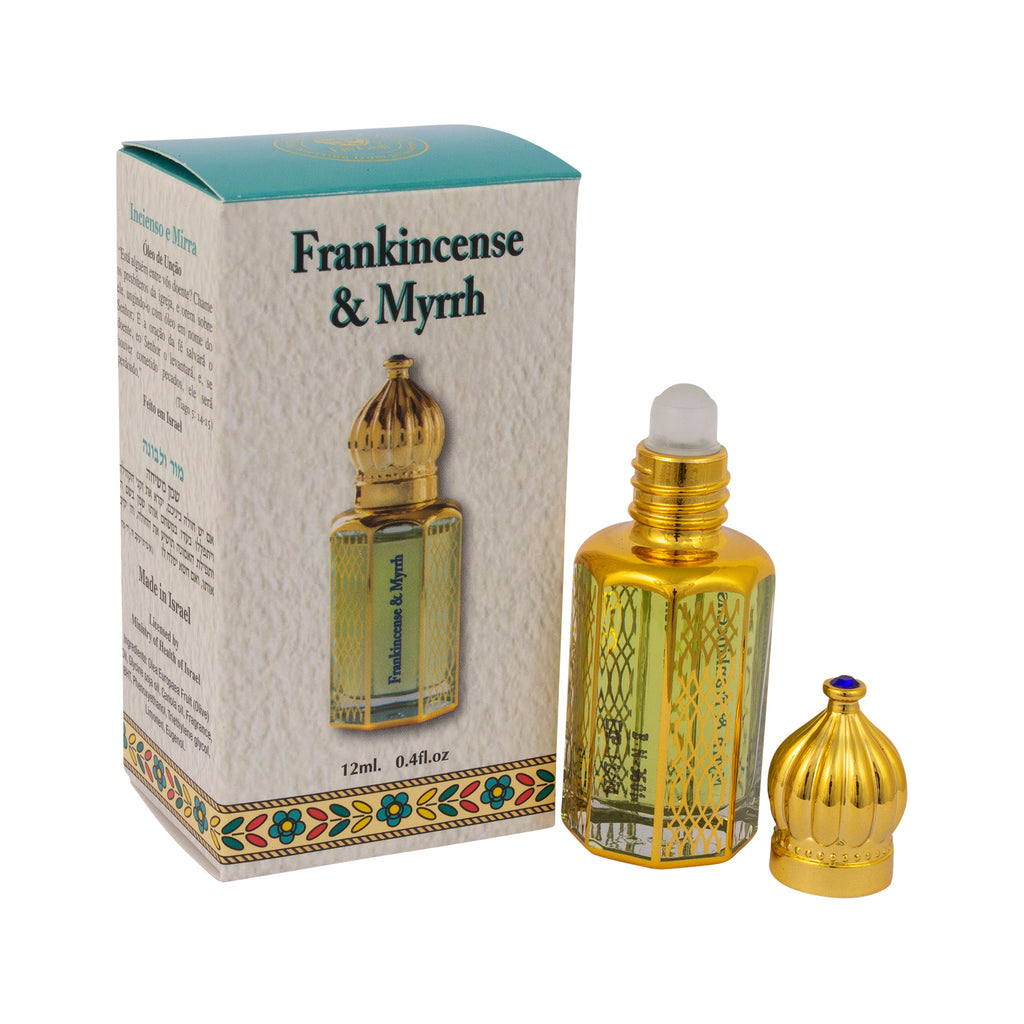 Frankincense & Myrrh Aromatic Prayer Anointing Oil Bible from Holy Land Roll-on Applicator Octagonal Glass bottle Ein Gedi