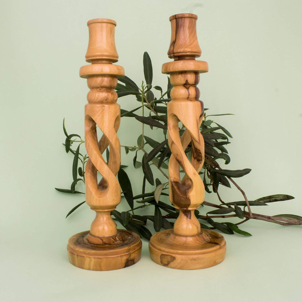 2 Bethlehem Candle Holder Hand Made Olive Wood from Holy Land 8,6"