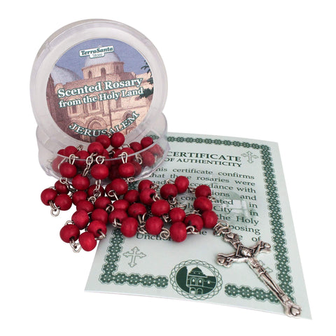 Aroma Wooden Red Rosary w/Jerusalem Cross Crucifix in Box from Holy Land Gift 18,5"
