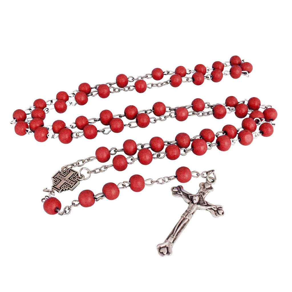 Aroma Wooden Red Rosary w/Jerusalem Cross Crucifix in Box from Holy Land Gift 18,5"