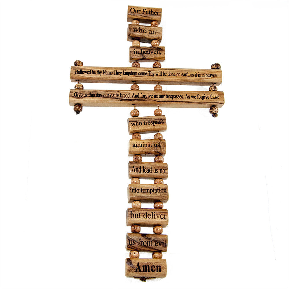 Wall Cross Hand Made with a Lord's Prayer of Olive Wood Holy Land 9.5"/25 cm - Holy Land Store