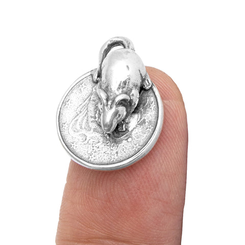Amulet of Wealth Wallet Mouse One Euro Cent Coin Silver 925 Tiny Purse Mouse Money 0.5"
