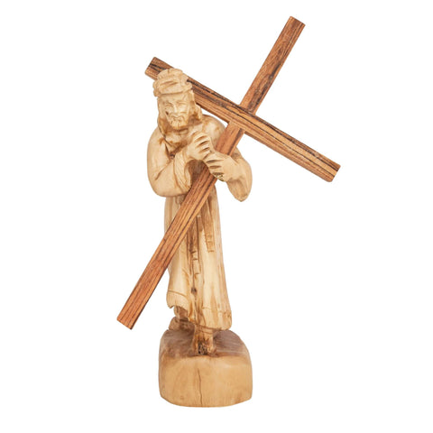 Jesus with His Cross Religious Figurine Handmade Olive Wood from Bethlehem 6,7" - Holy Land Store