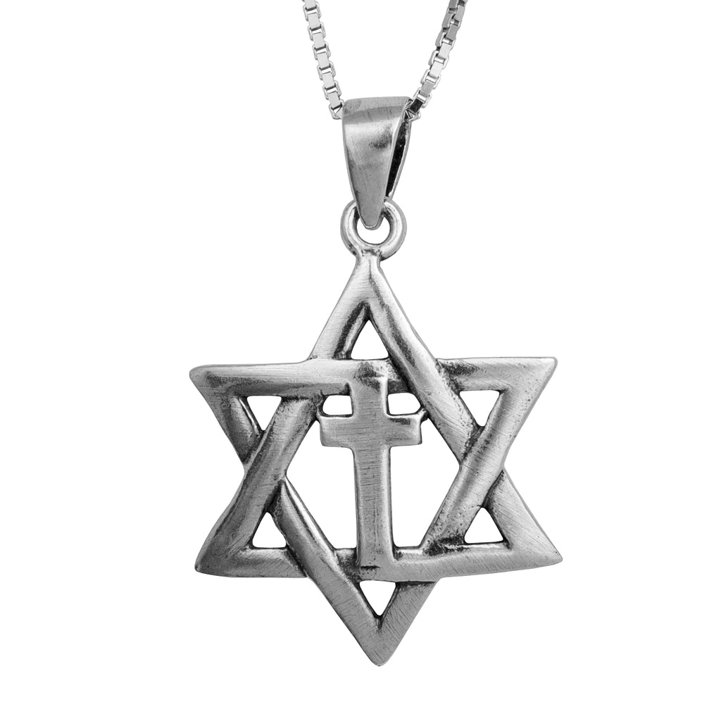 Pendant Star of David w/ Cross Messianic Amulet Sterling Silver Jerusalem 1.14"