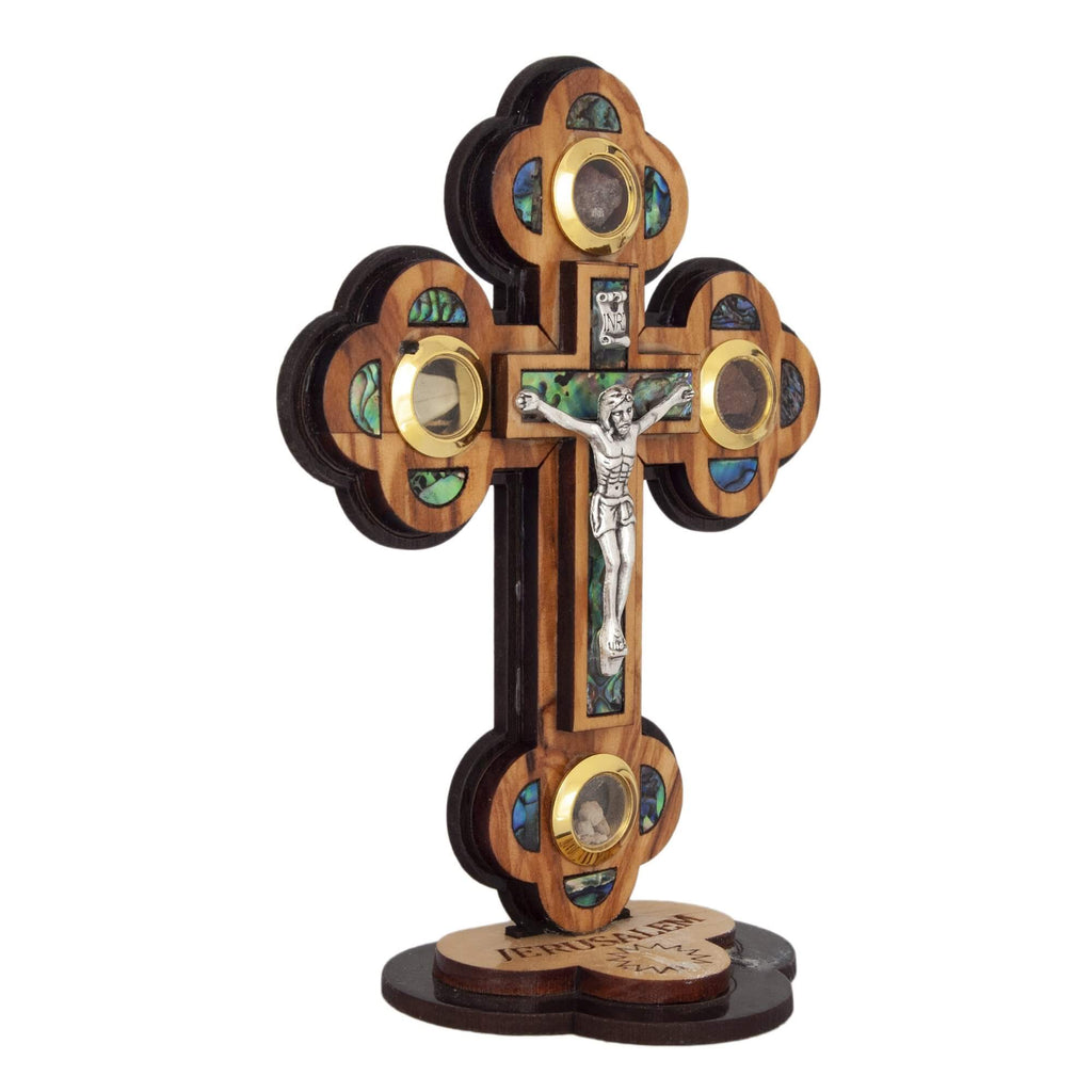 Jerusalem's Cross Crucifix Olive Wood w/ Mother of Pearl Hand Made Jerusalem 5.2"
